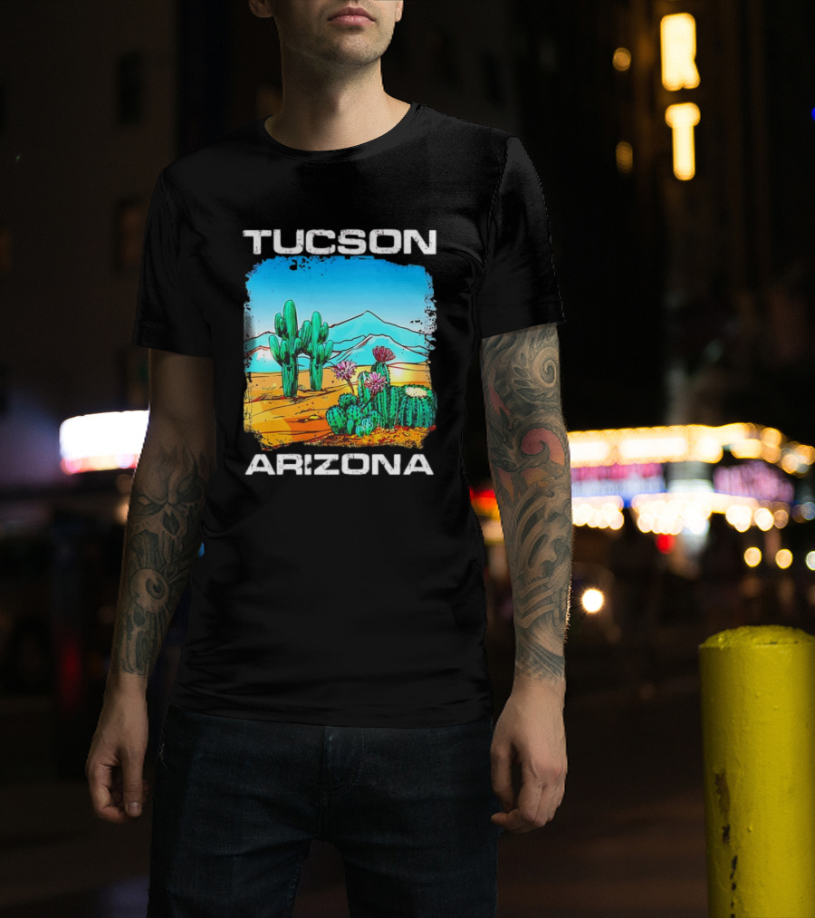 Tucson Arizona Retro Desert Scene With Cactus And Mountains T-Shirt
