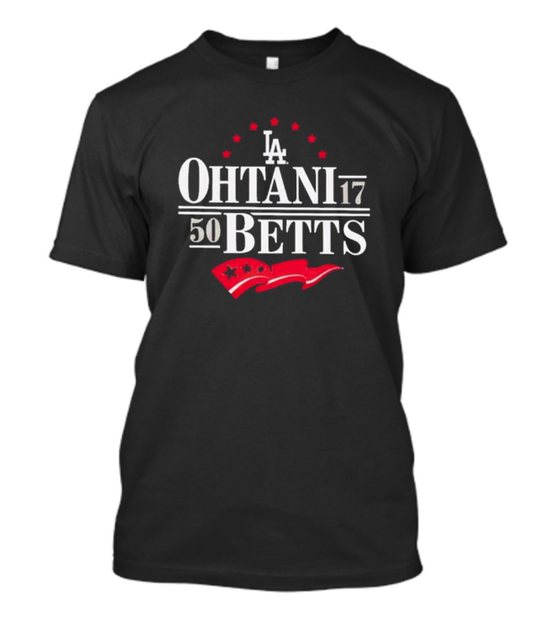 LA Dodgers Ohtani 17 Betts 50 Stars Red Banner T-Shirt