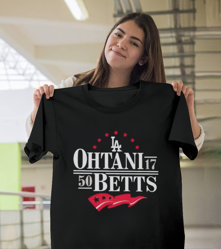 LA Dodgers Ohtani 17 Betts 50 Stars Red Banner T-Shirt