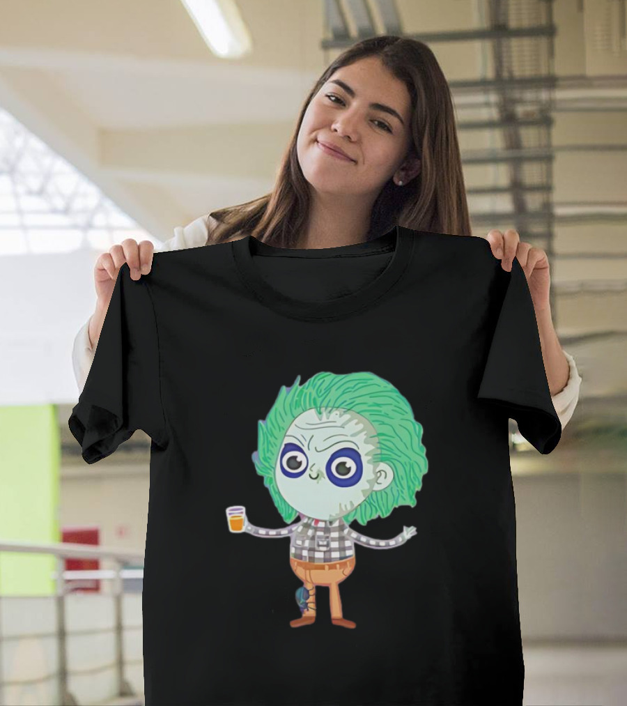 Beetlejuice Ghost Exorcist Cartoon Character with Drink T-Shirt