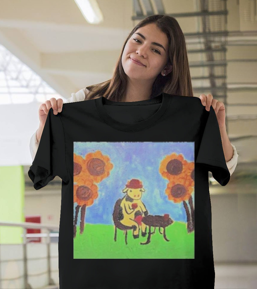 Leanbeeftees Tea Time Cow In Hat With Sunflowers T-Shirt