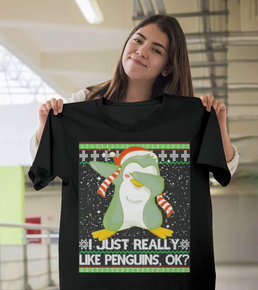I Just Really Like Penguins Ok Ugly Christmas Cute Dabbing Penguin T-Shirt