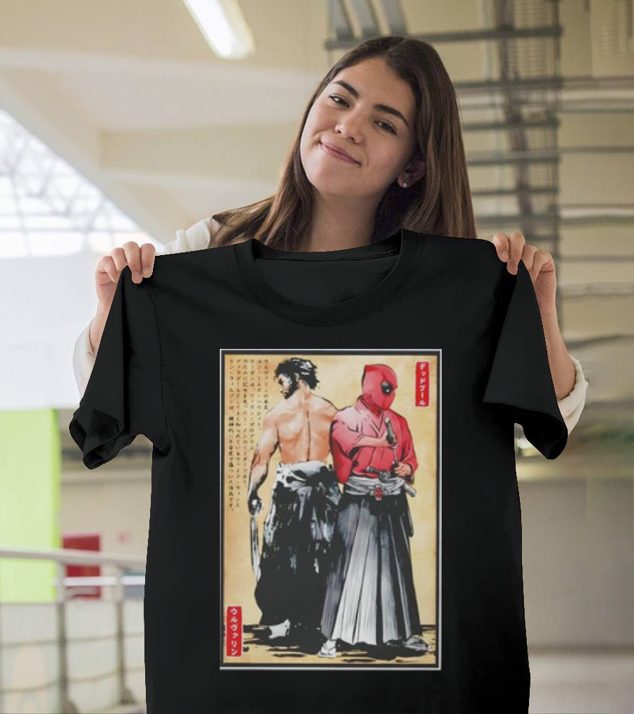 Mutant Samurai and Red Ronin Deadpool Wolverine Woodblock T-Shirt