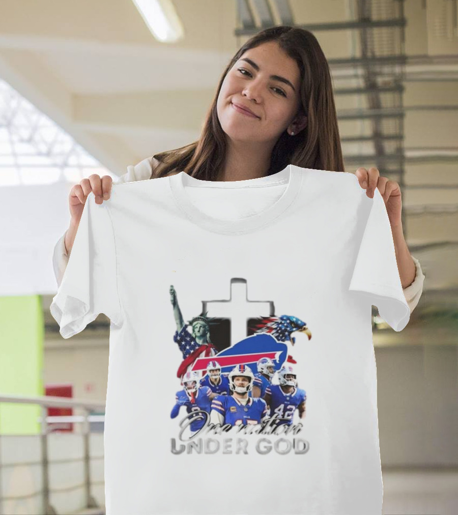 Buffalo Bills One Nation Under God American Flag Eagle Cross Statue Of Liberty Football Players T-Shirt