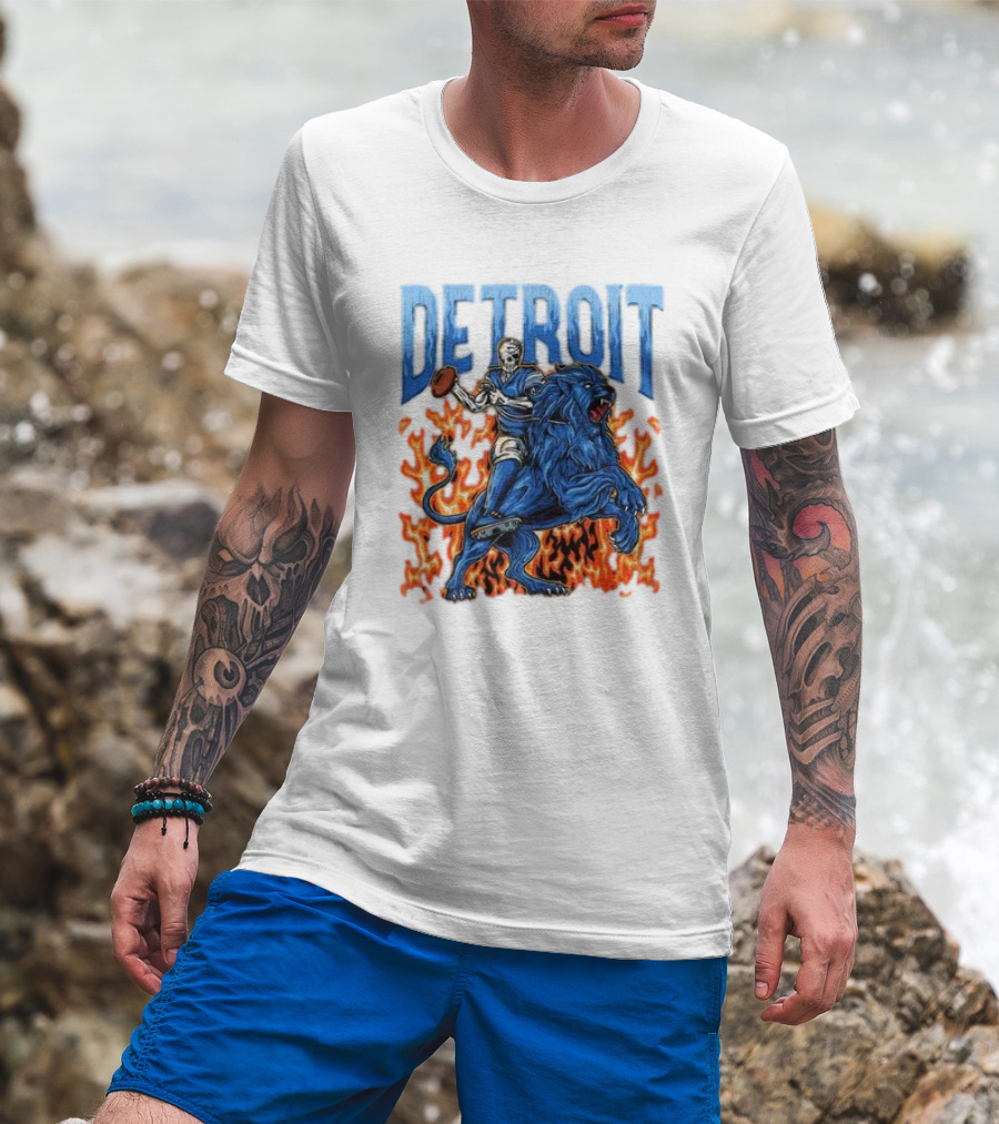 Detroit Lions Skeleton Quarterback Riding Flaming Blue Lion T-Shirt