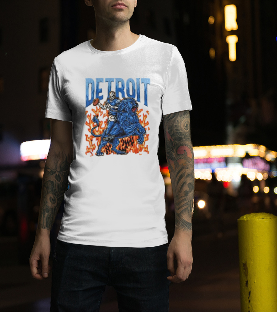 Detroit Lions Skeleton Quarterback Riding Flaming Blue Lion T-Shirt