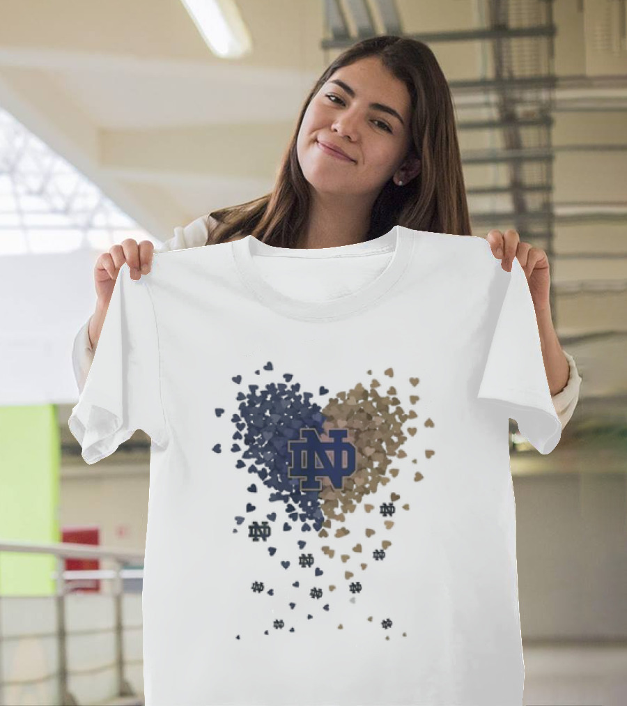 Heart Full Of Notre Dame Fighting Irish ND Logo And Blue Gold Hearts T-Shirt