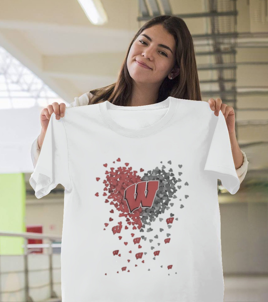 Heart Full of Wisconsin Badgers Logo with Falling Hearts T-Shirt