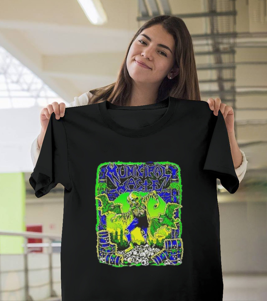 Municipal Waste Radioactive Creature With Toxic Barrels And Green Bats T-Shirt