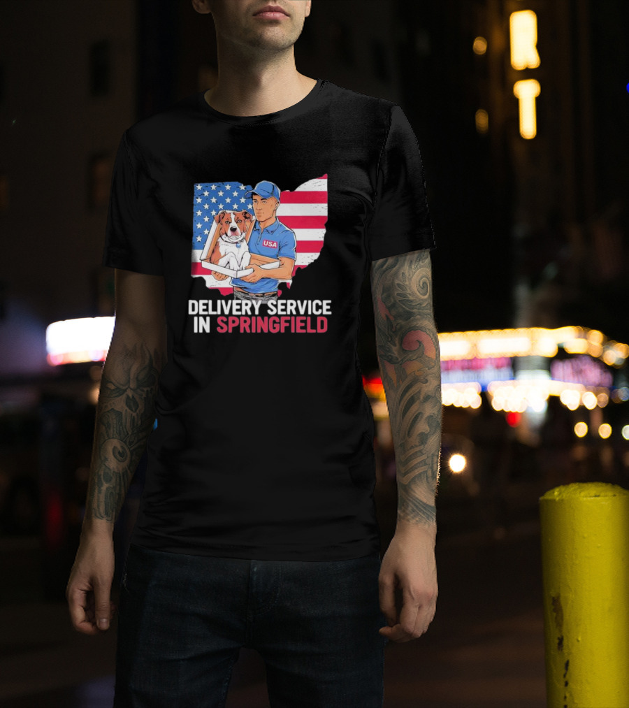 Delivery Service In Springfield USA Dog Parcel Ohio Flag Background T-Shirt