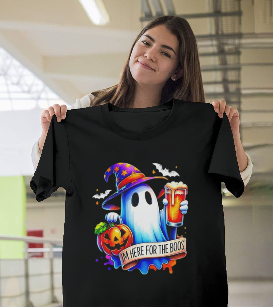 I'm Here for the Boos Ghost with Pumpkin and Beer Halloween T-Shirt