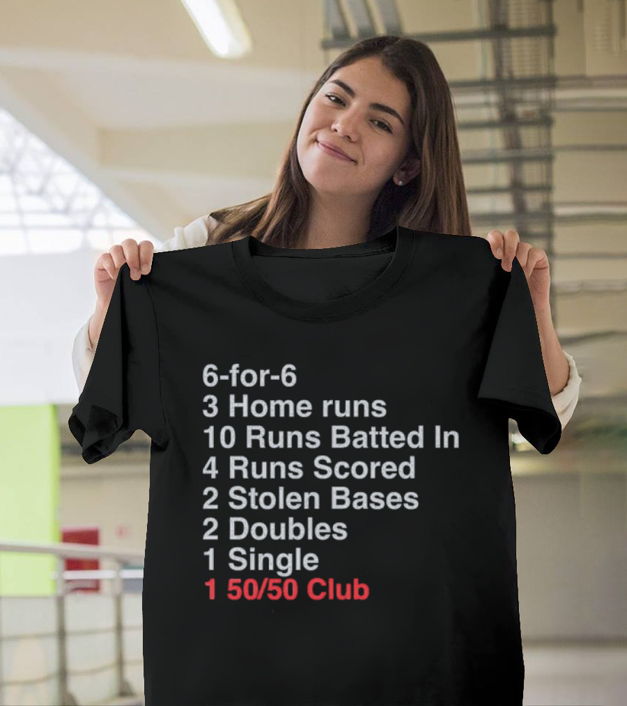 Shohei Ohtani 6-for-6 3 Home Runs 10 Runs Batted In 4 Runs Scored 2 Stolen Bases 2 Doubles 1 Single 50-50 Club T-Shirt