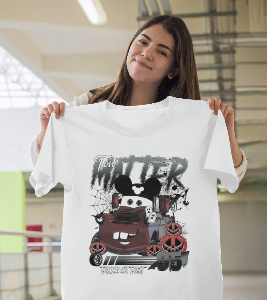 Tow Mater 95 Trunk or Treat Halloween Cartoon with Mickey Mouse Ears and Spider Webs T-Shirt