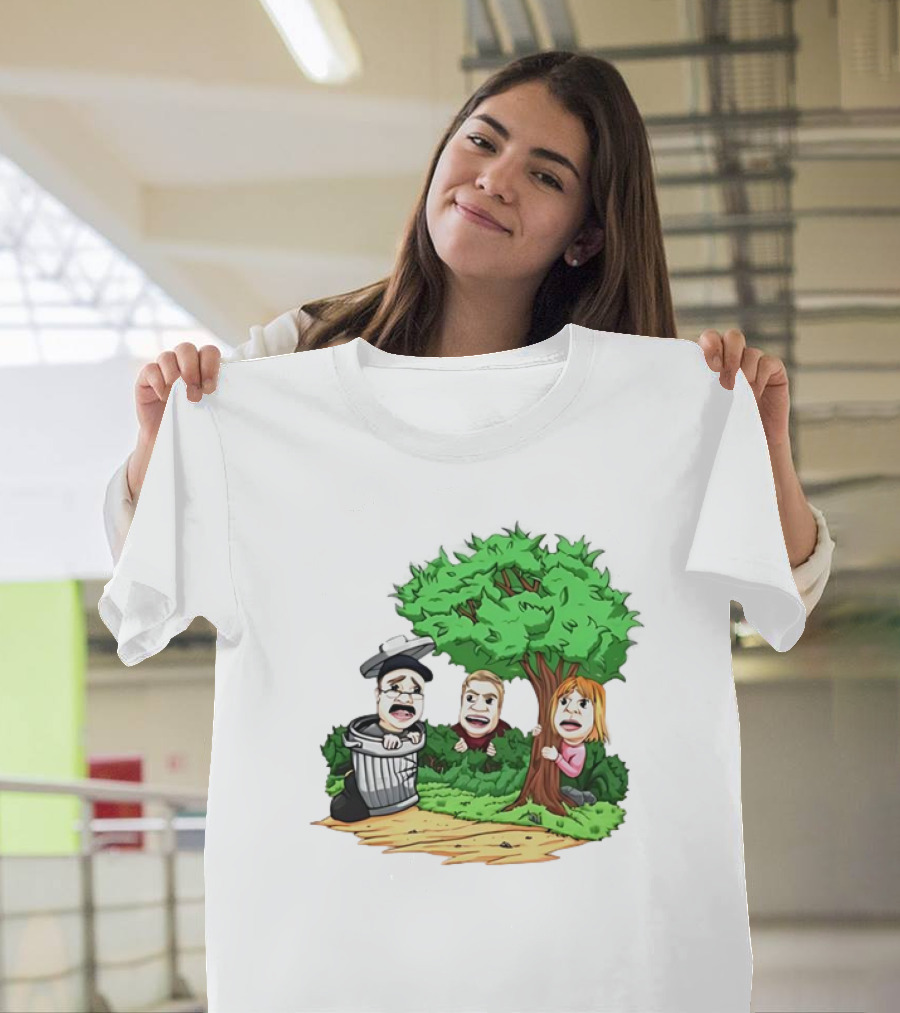 Artem Potokin Little Me Cartoon Characters Hiding Behind Tree and Trash Can T-Shirt