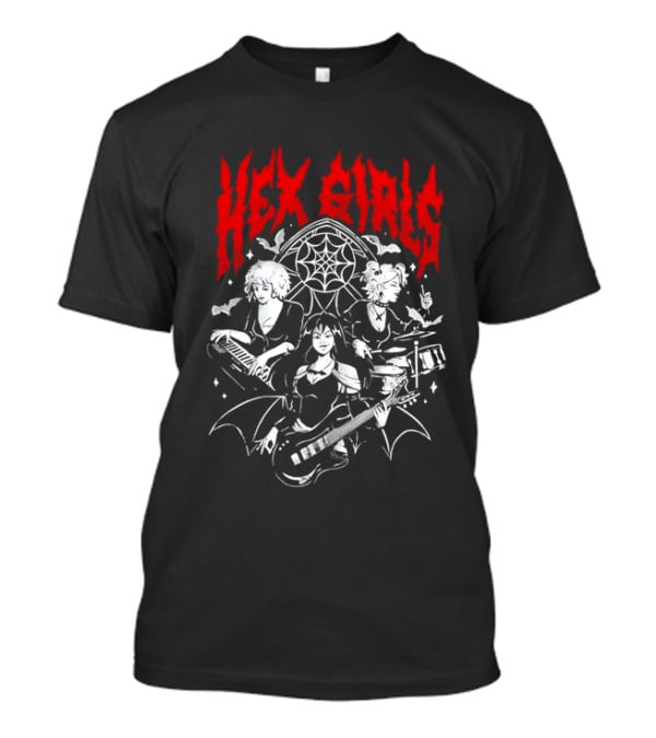 Hex Girls Band Gothic Rock Trio With Instruments And Spiderweb Background T-Shirt