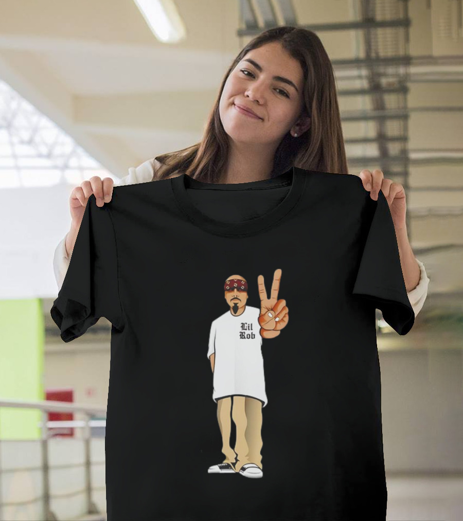 Lil Rob Peace Gesture Cartoon Character With Headband And Bearded T-Shirt