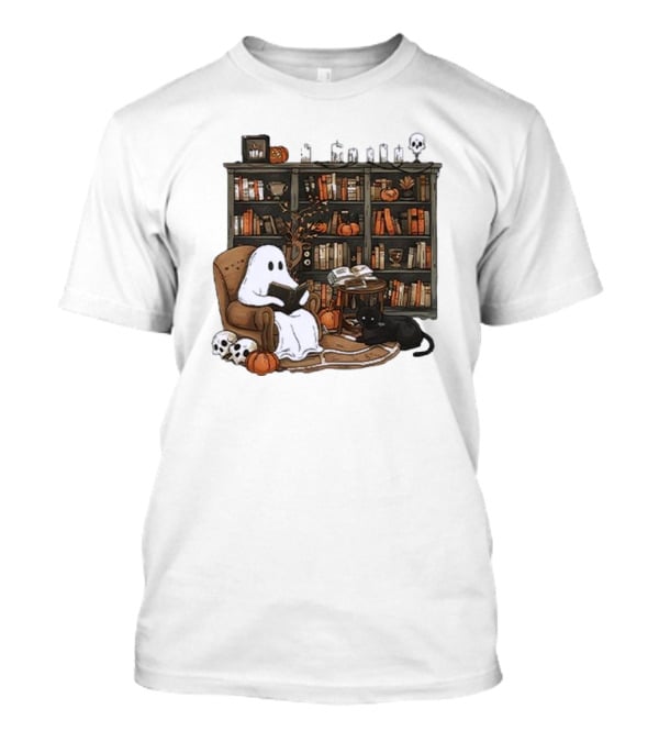 Retro Ghost Reading Books Skeletons Pumpkins Black Cat Library T-Shirt
