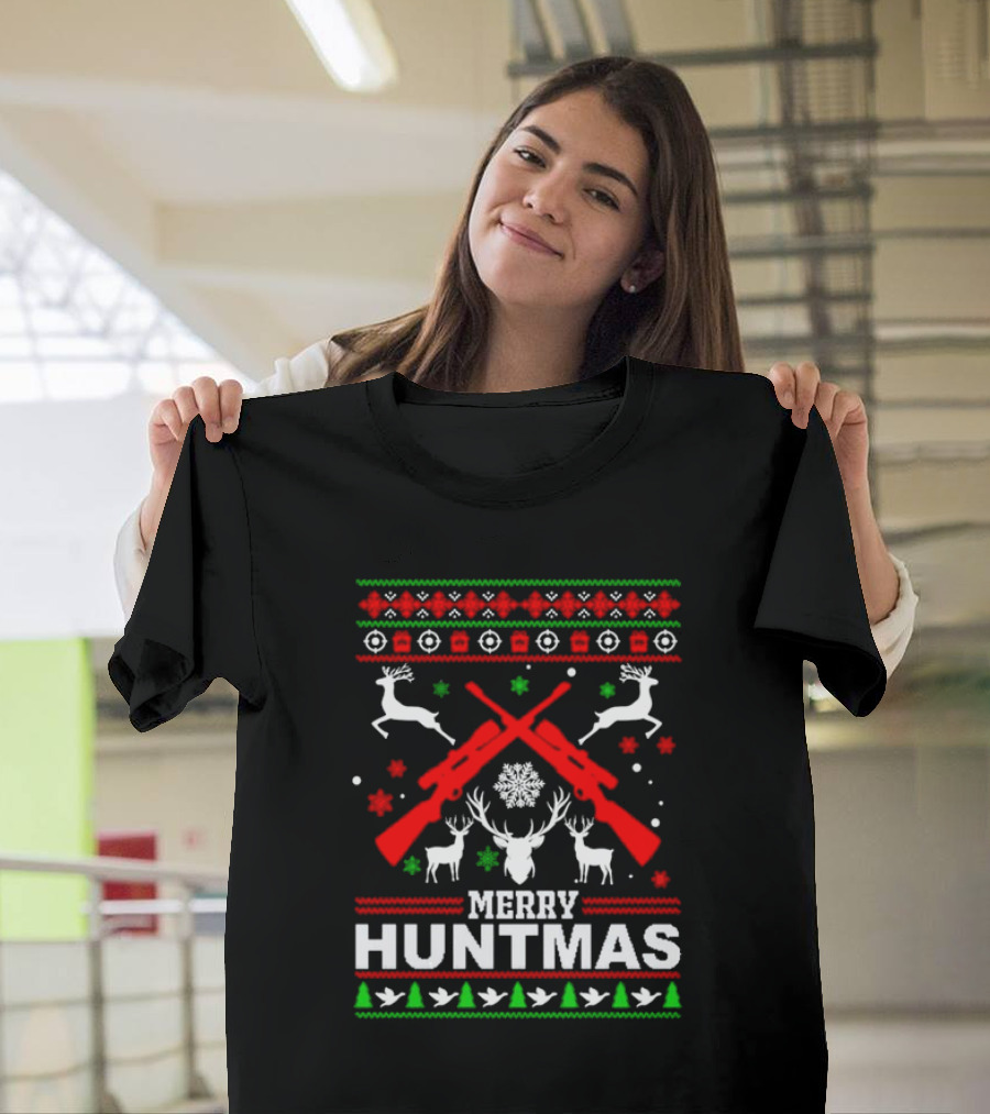 Merry Huntmas Christmas Reindeer Guns and Antlers Holiday T-Shirt