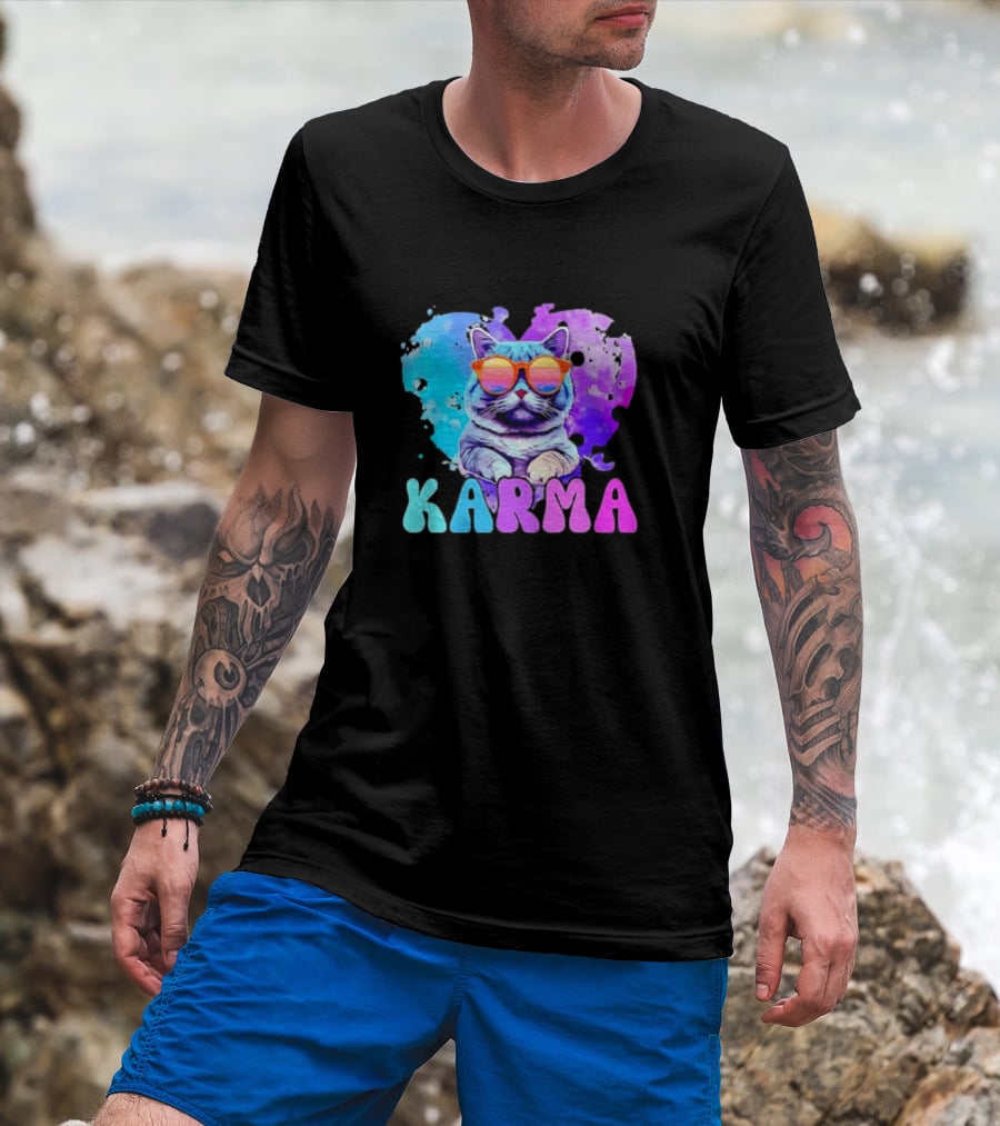 Cat Lover Karma Heart Shape Retro Sunglasses T-Shirt