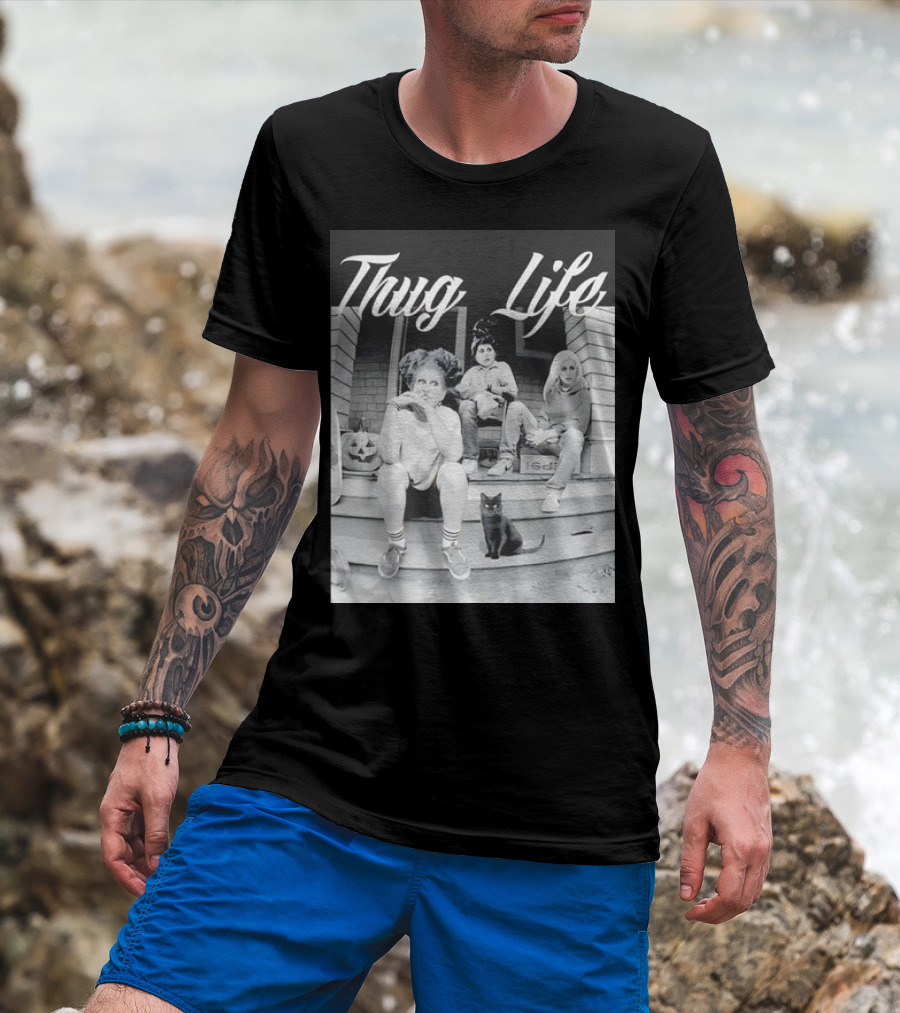 Hocus Pocus Thug Life Witchy Trio With Black Cat And Pumpkin Porch Scene T-Shirt