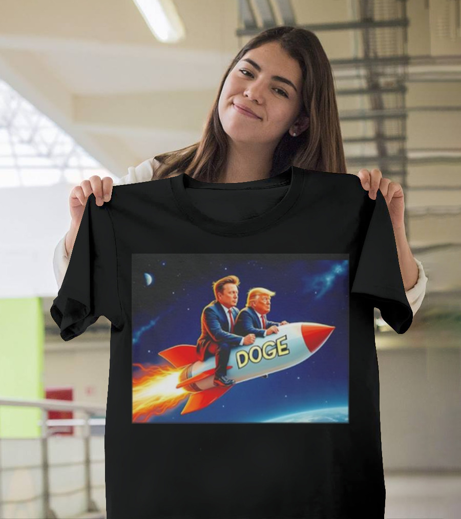 President Trump and Elon Musk Riding Doge Rocket to Mars T-Shirt