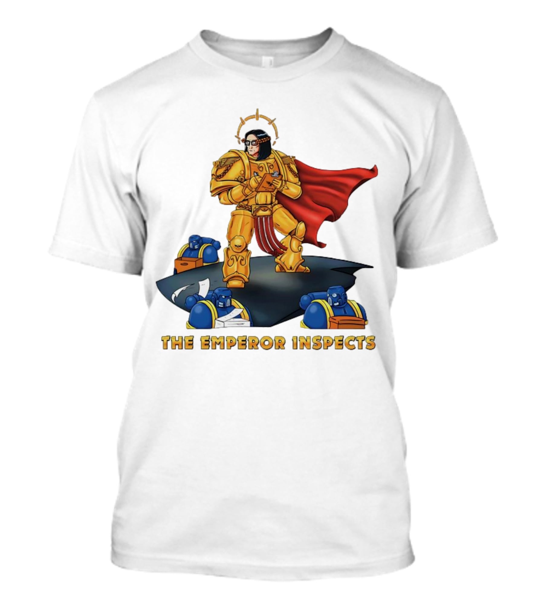 The Emperor Inspects Power Armor With Red Cape And Space Soldiers On Dark Platform T-Shirt
