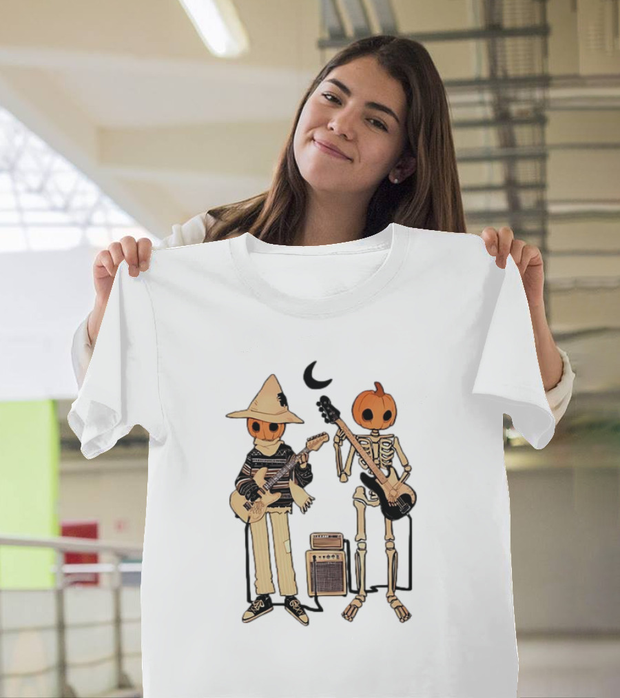 Libby Frame Pumpkin Skeleton Musicians With Crescent Moon T-Shirt