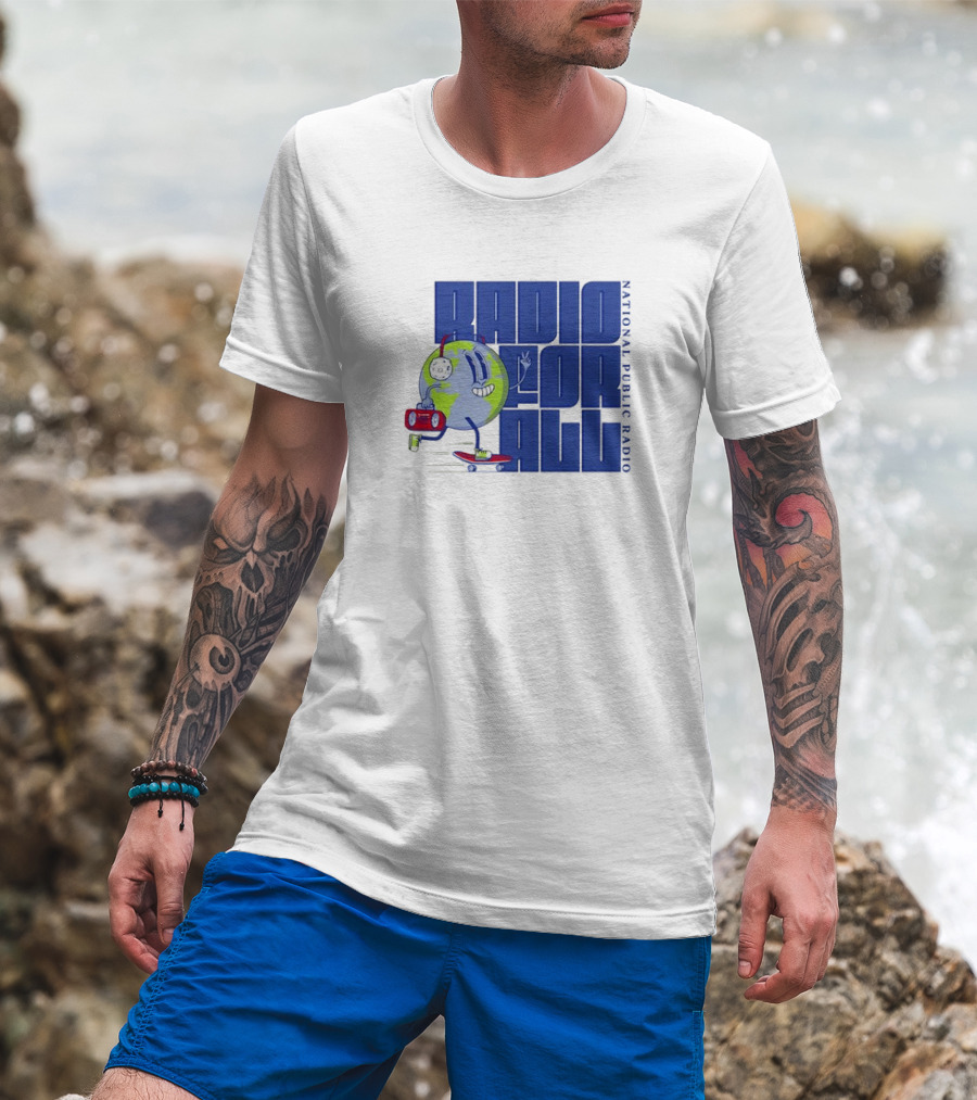 RADIO FOR ALL National Public Radio Cartoon Skateboarding Globe T-Shirt