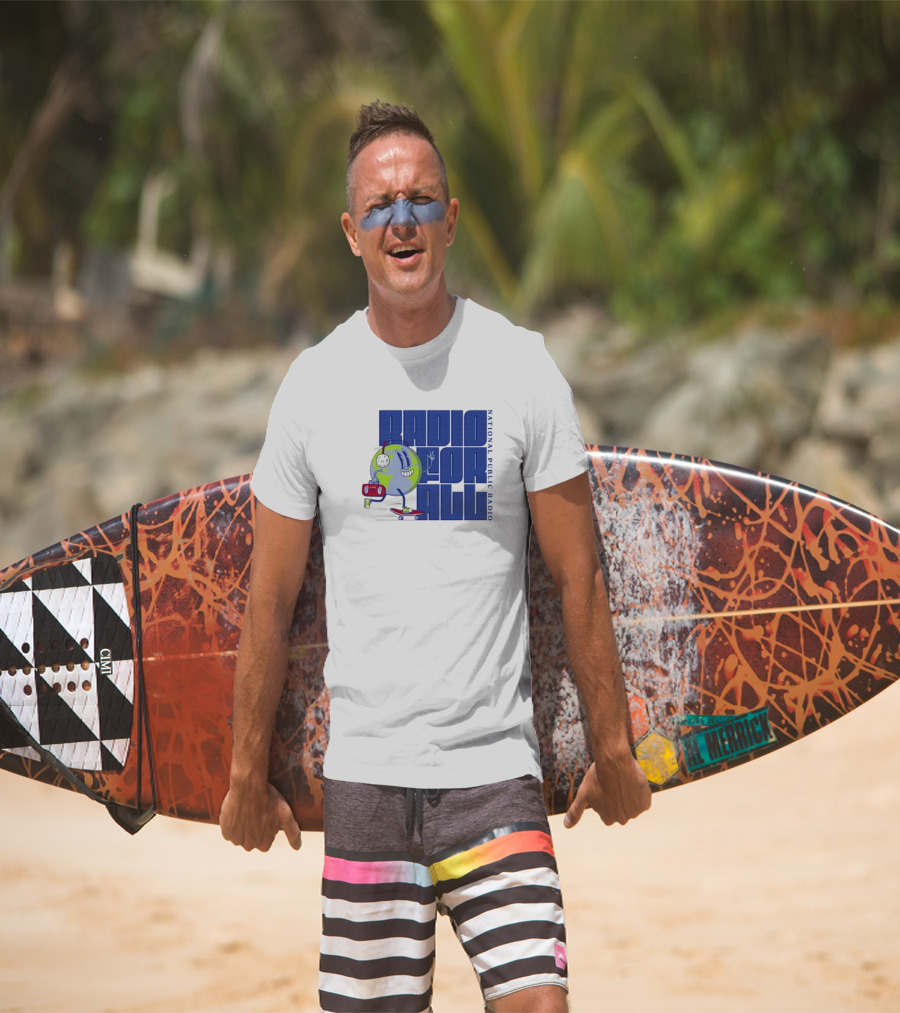 RADIO FOR ALL National Public Radio Cartoon Skateboarding Globe T-Shirt