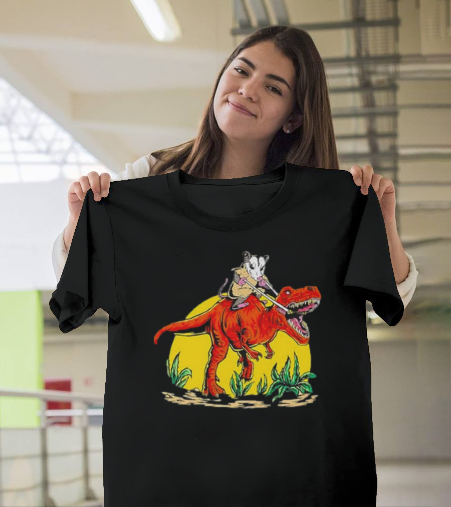 Opossum Riding T-Rex Dinosaur Retro Sunset Forest Scene T-Shirt