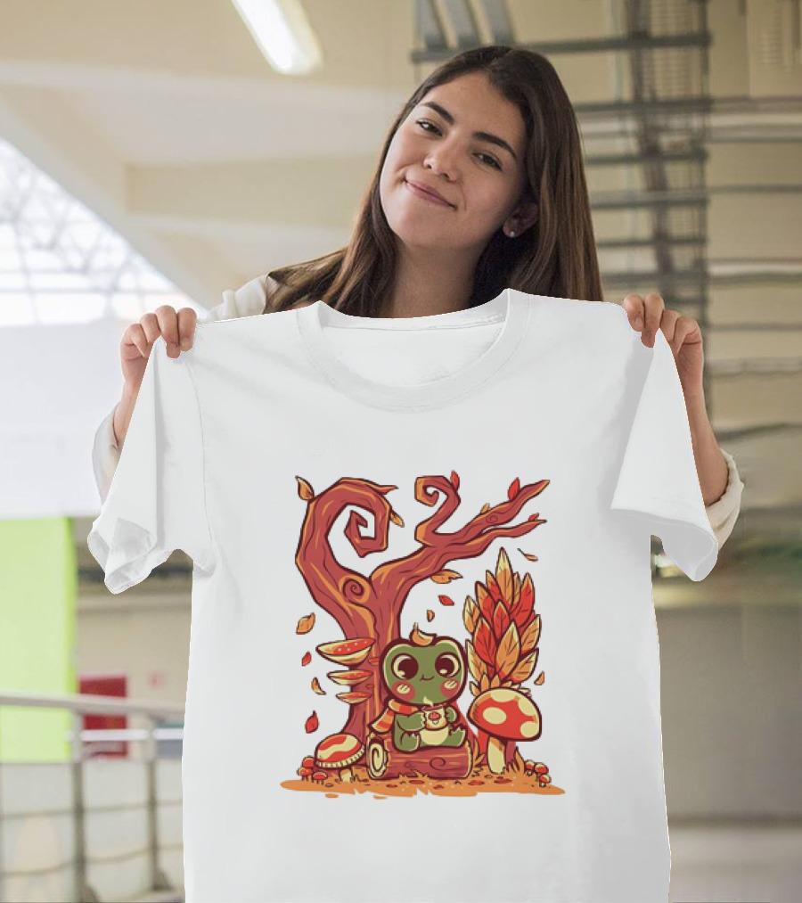 Cozy Autumn Days Cute Frog Enjoying Fall Leaves T-Shirt