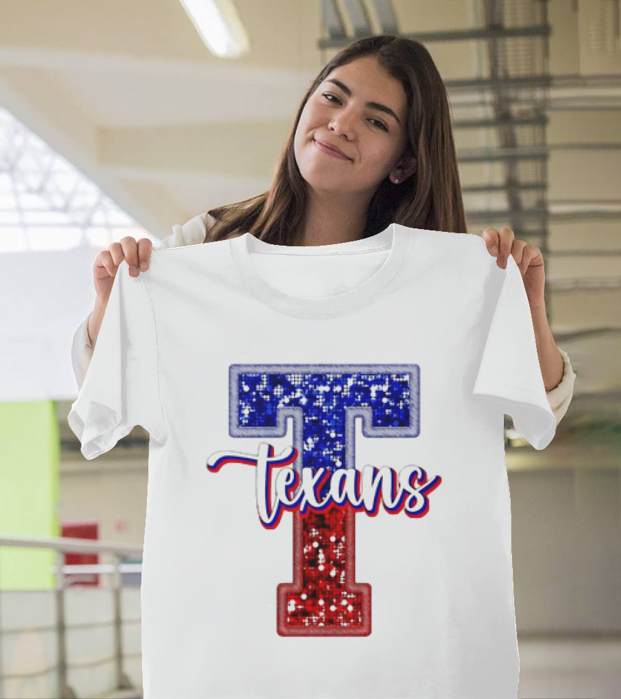 Texans Glitter Football T Red Blue T-Shirt