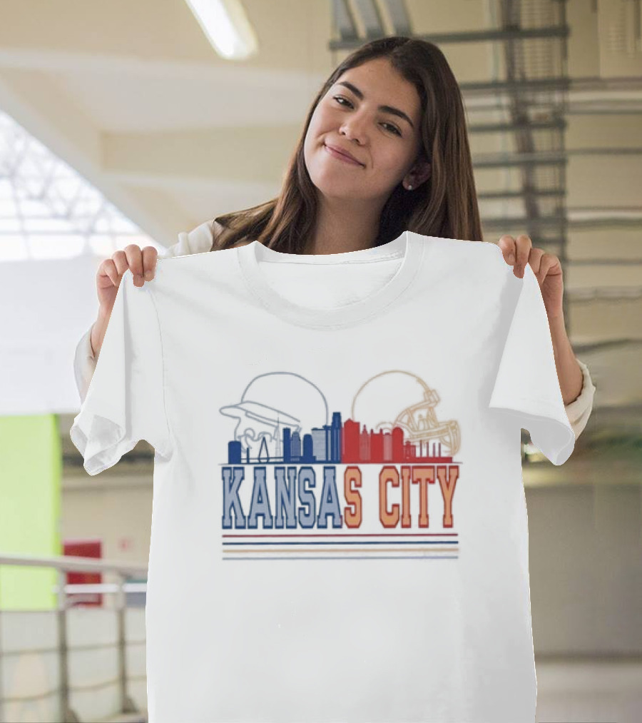Kansas City Skyline Featuring Kansas City Chiefs Royals Helmets T-Shirt