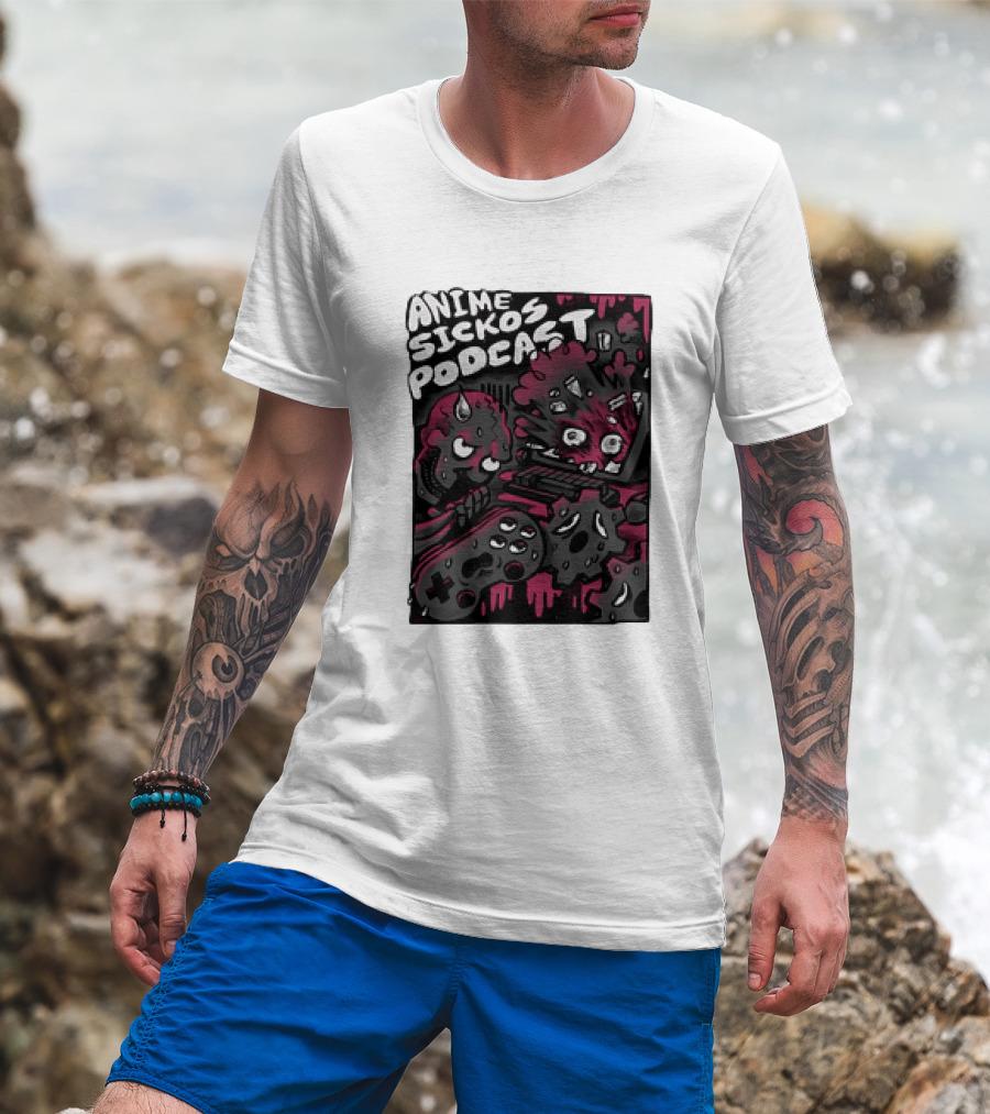 Anime Sickos Podcast Game Controllers Dripping Pink And Black Monster Faces T-Shirt