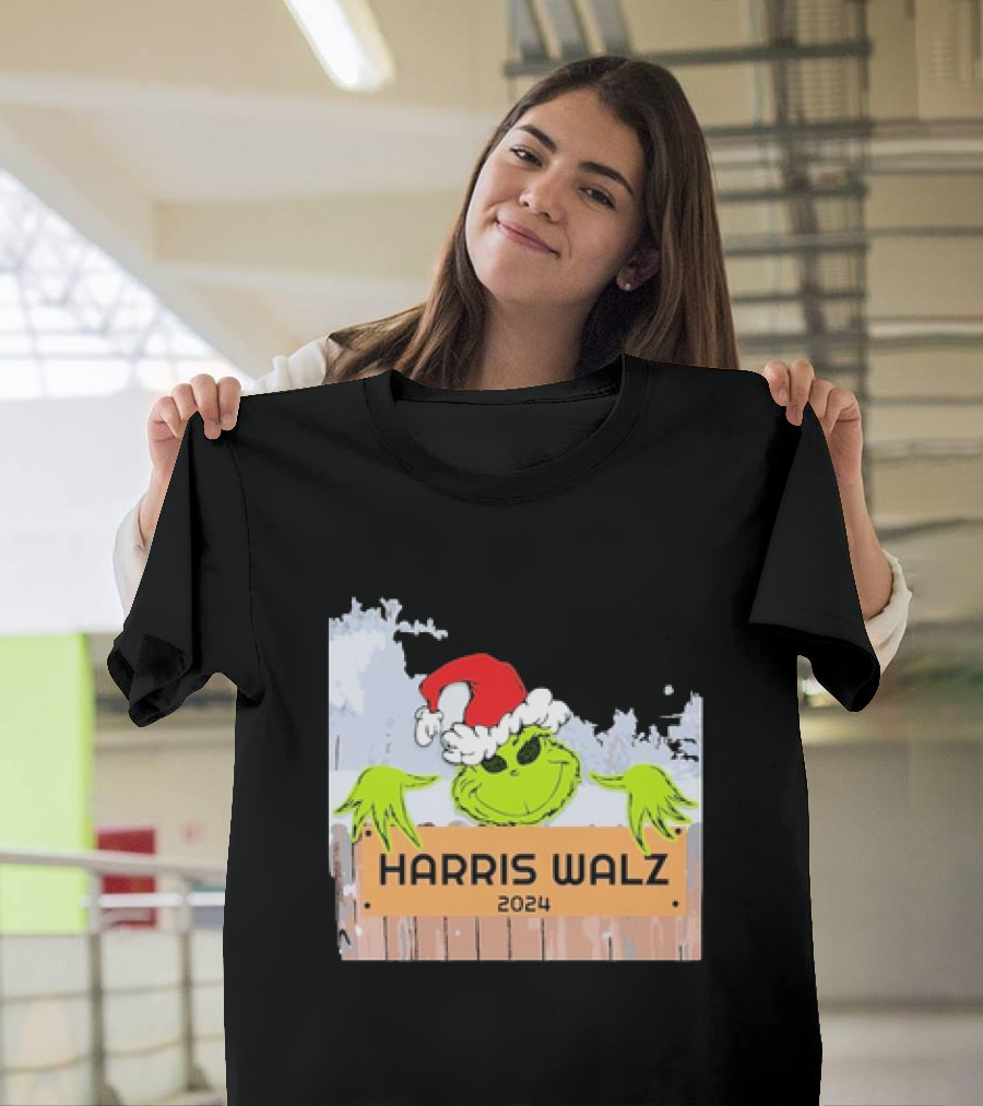 Grinch Harris Walz 2024 Christmas Santa Hat Fence Peeking T-Shirt