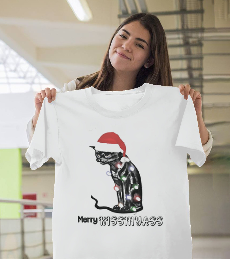 Merry Kiss My Ass Cat Christmas Lights Santa Hat T-Shirt