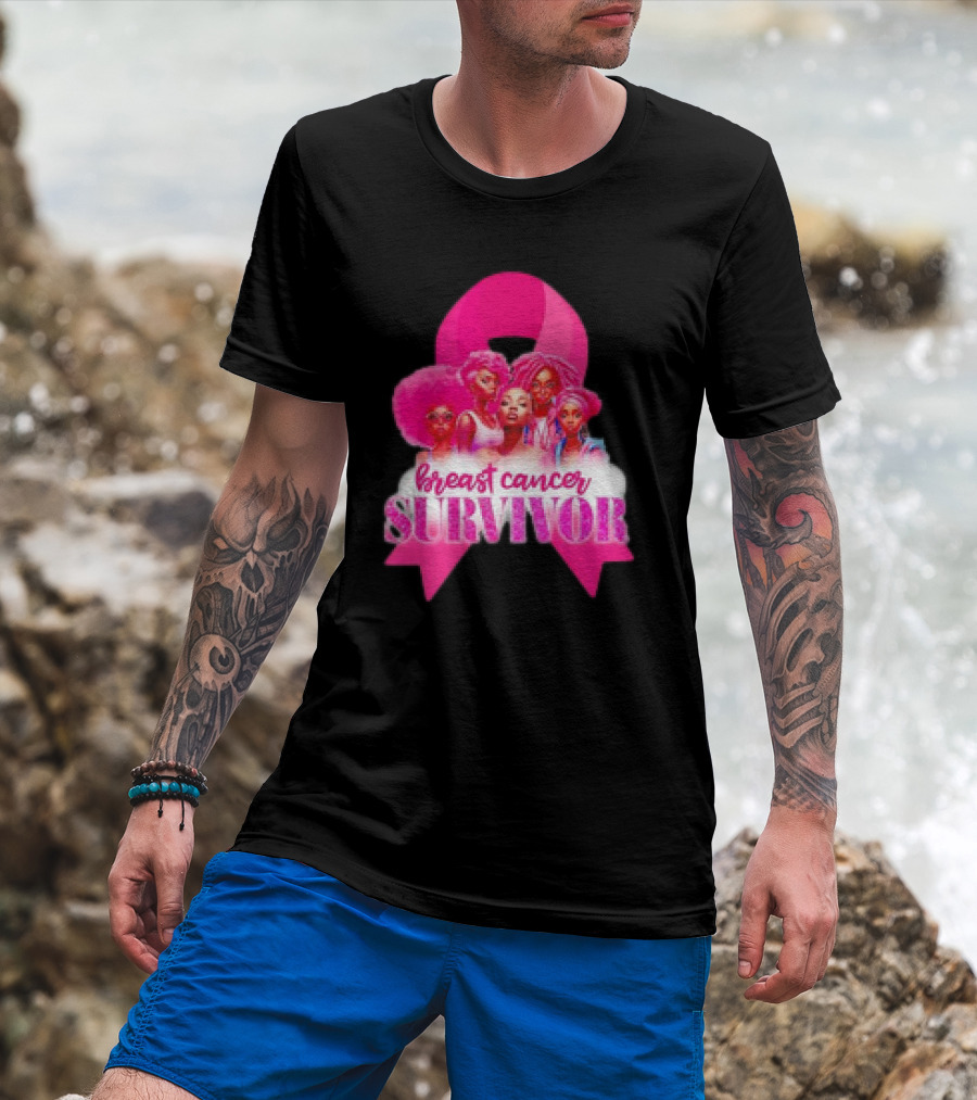 Breast Cancer Survivor Pink Ribbon Black Women Melanin Warrior T-Shirt