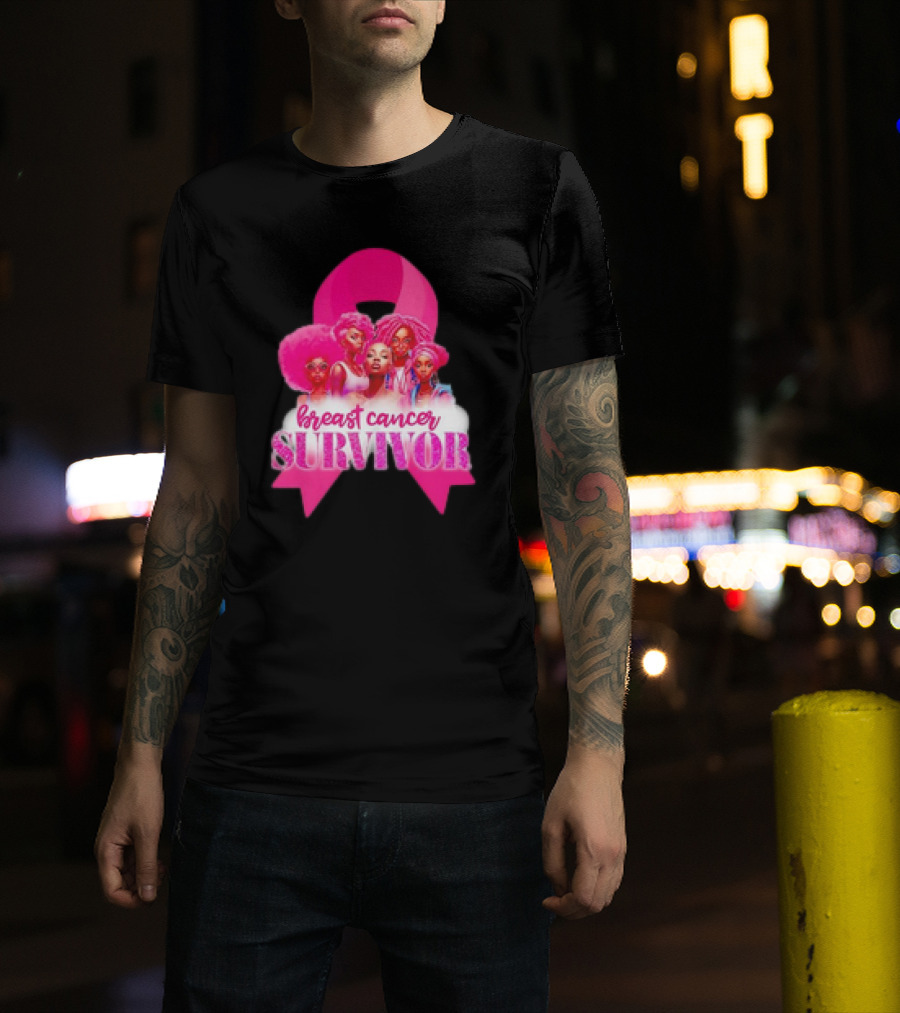 Breast Cancer Survivor Pink Ribbon Black Women Melanin Warrior T-Shirt