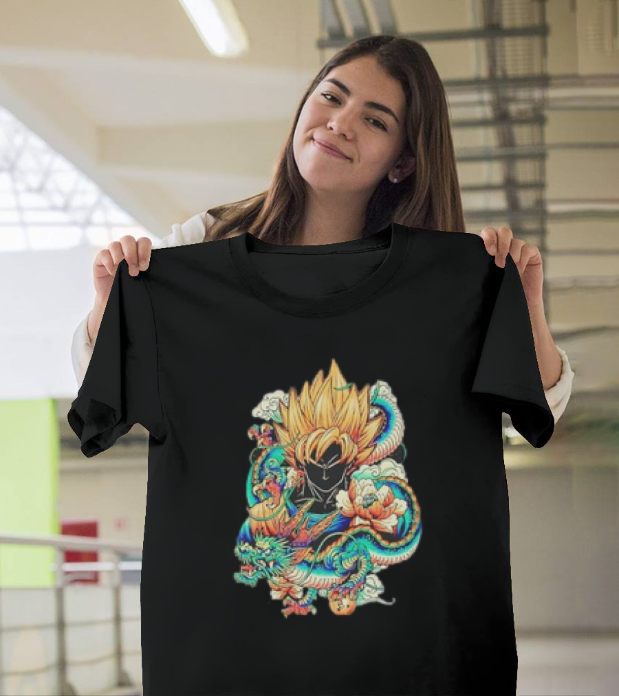 Colorful Dragon Ball Z Super Saiyan Goku With Dragon Serpent And Clouds T-Shirt