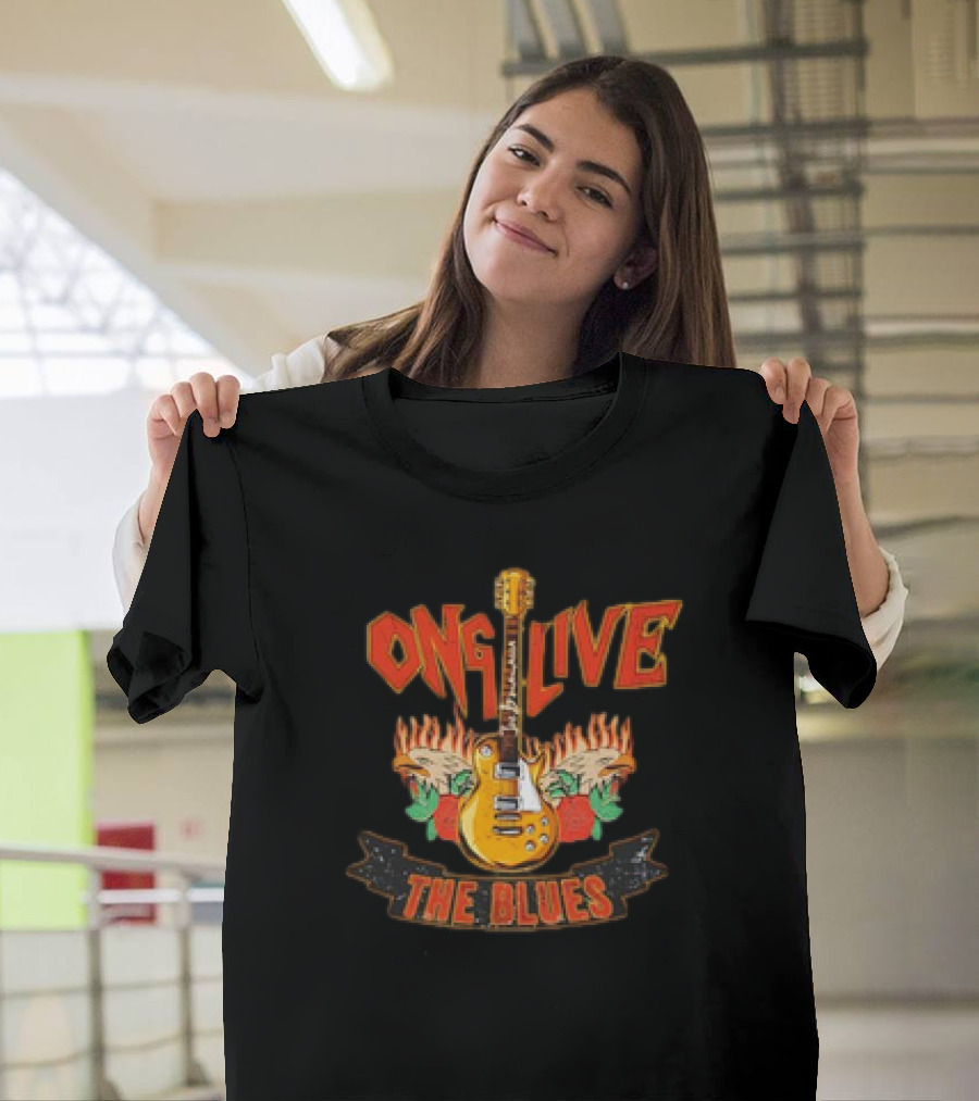 Long Live The Blues Guitar Flames And Roses T-Shirt