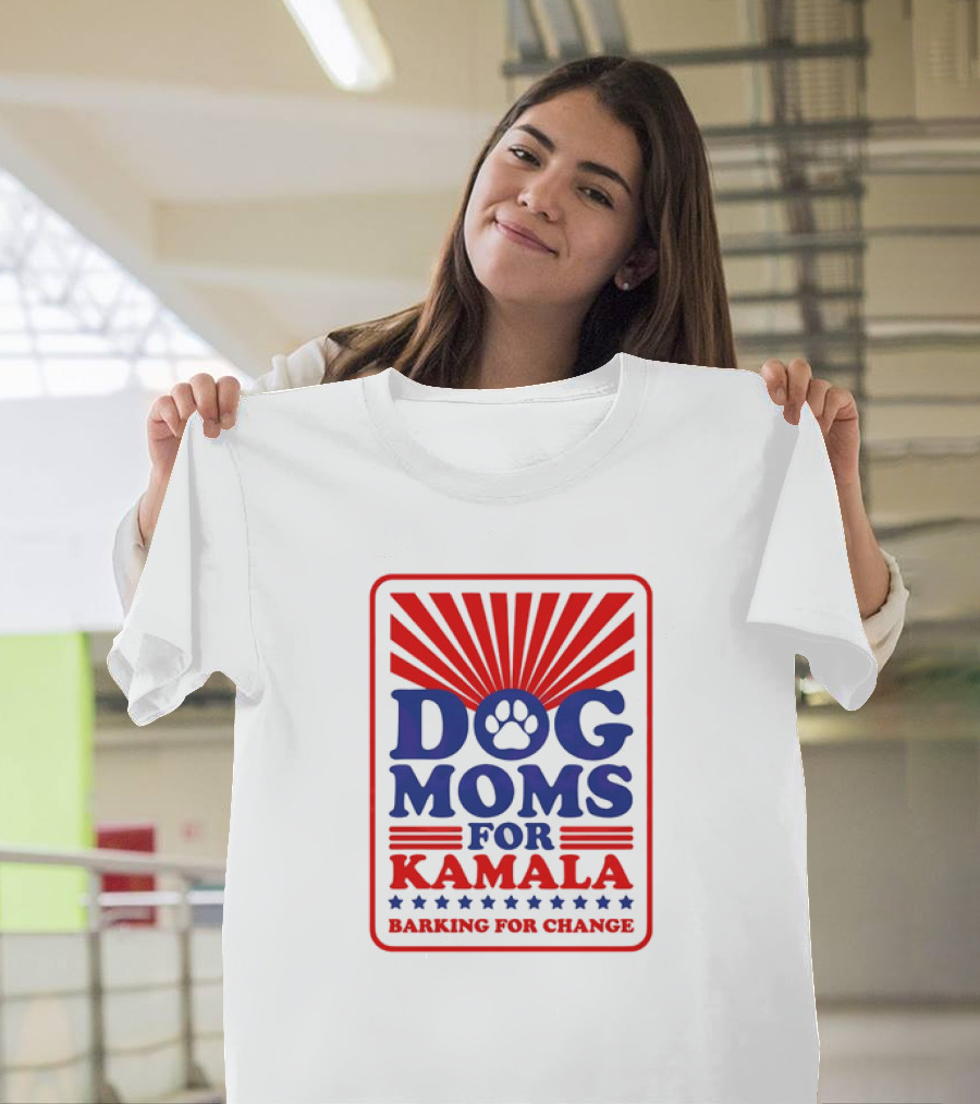 Dog Moms For Kamala Barking For Change Paw Print Red White Blue Stars Sunburst T-Shirt