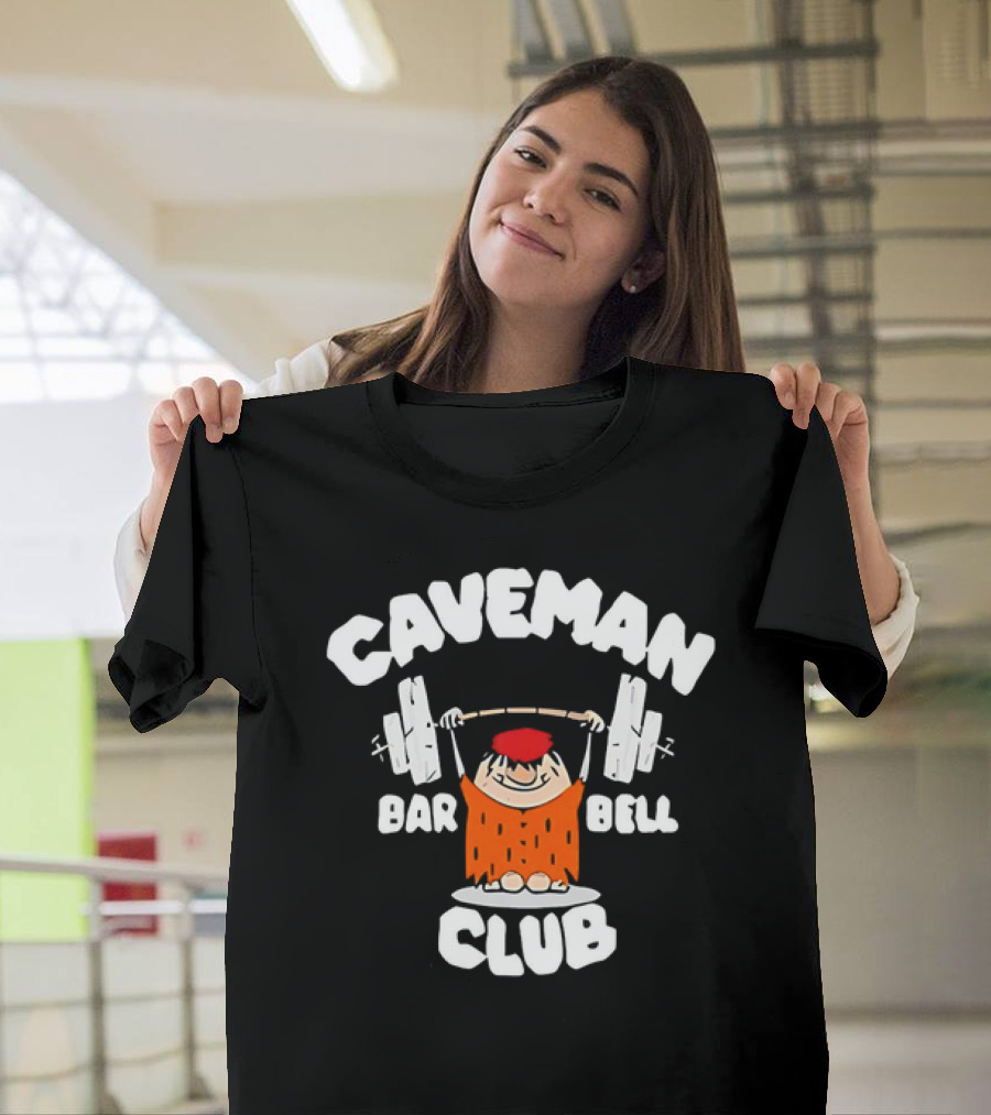 Caveman Club Bar Bell Weightlifting Cartoon T-Shirt