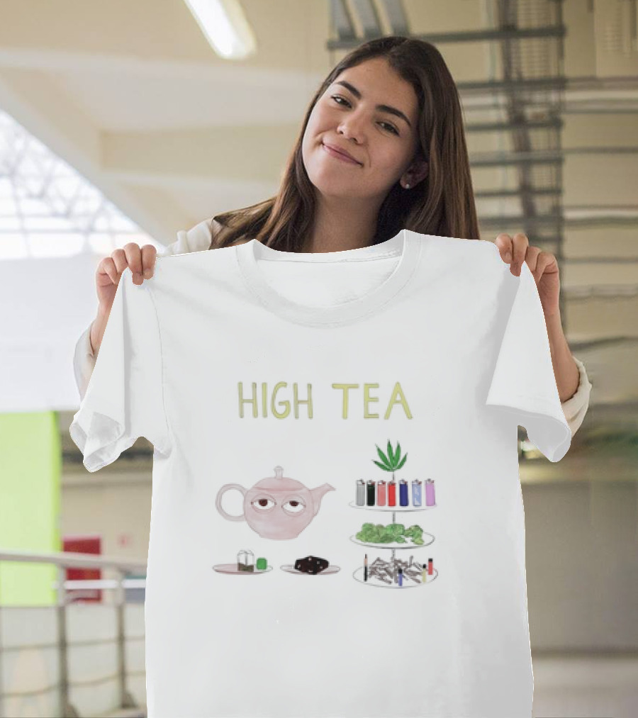 HIGH TEA Teapot Lighters Cannabis Leaves Cookies Pipes T-Shirt