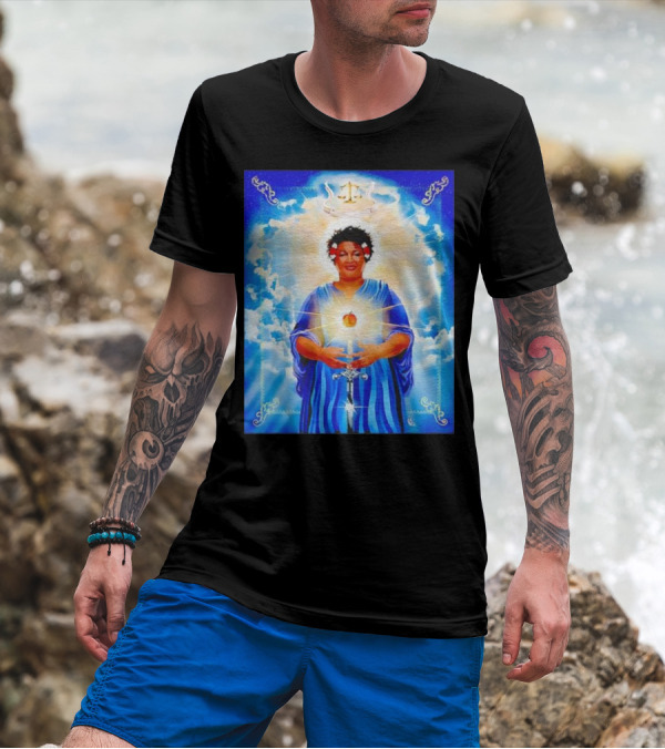 Stacey Abrams Patron Saint Of Fairness In Voting With Scales Of Justice Halo And Glowing Apple In Celestial Clouds T-Shirt