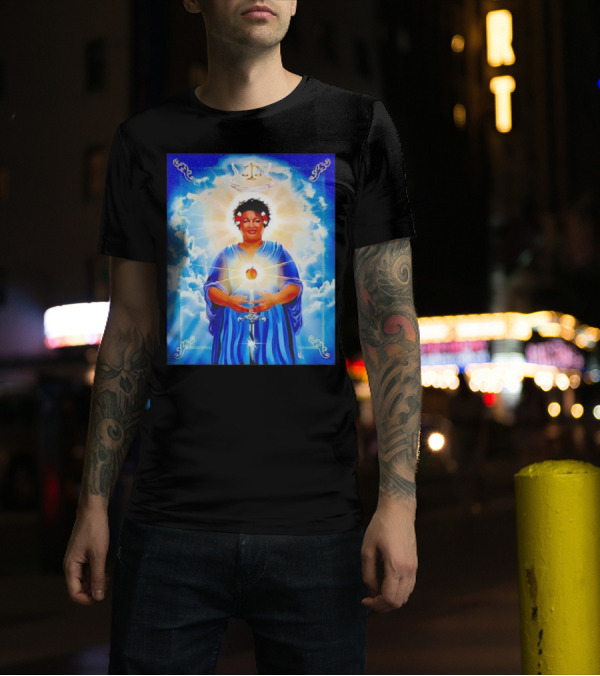 Stacey Abrams Patron Saint Of Fairness In Voting With Scales Of Justice Halo And Glowing Apple In Celestial Clouds T-Shirt