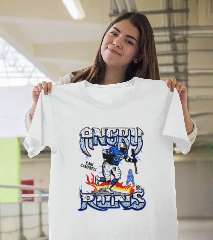 Angry Runs Earl Campbell Oilers NFL Flame Action T-Shirt