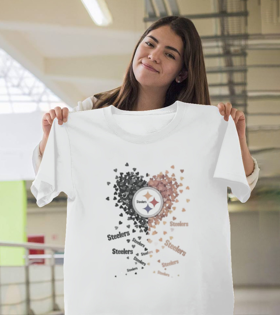 Pittsburgh Steelers Heart Logo with Black and Gold Steelers Text and Hearts T-Shirt