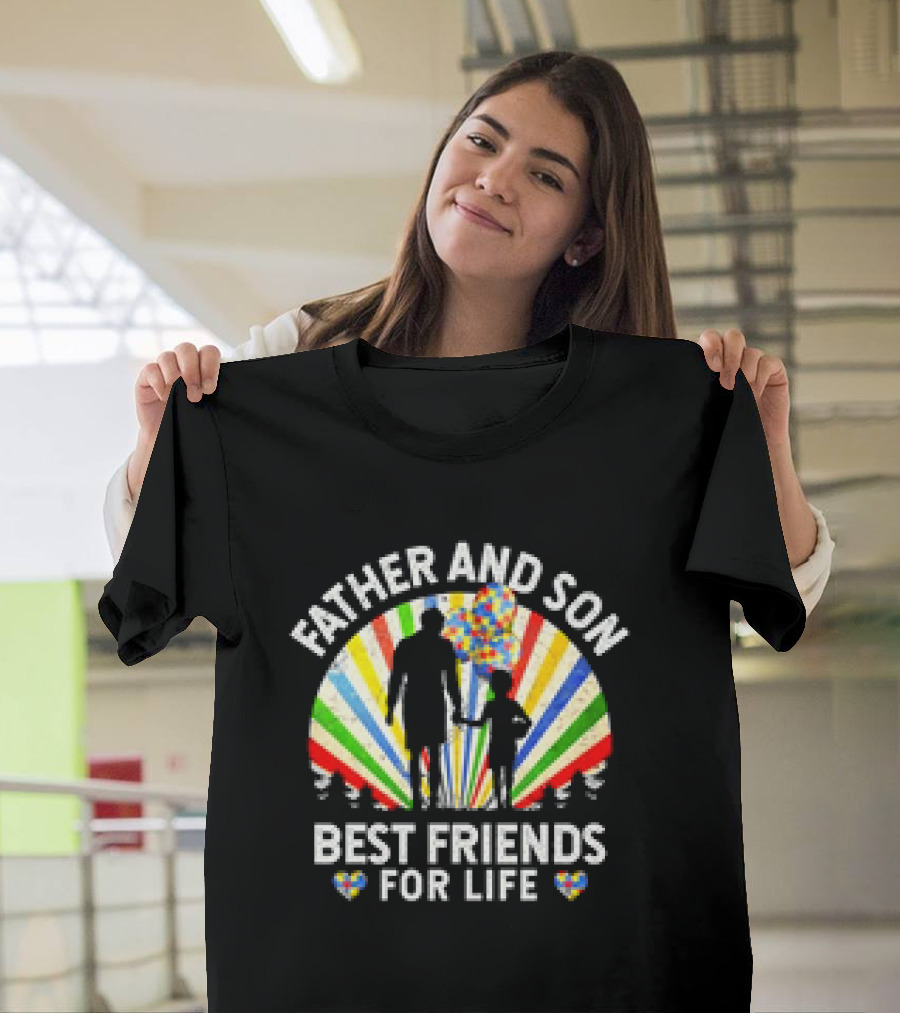 Father And Son Best Friends For Life Colorful Autism Awareness Ribbon Hearts T-Shirt