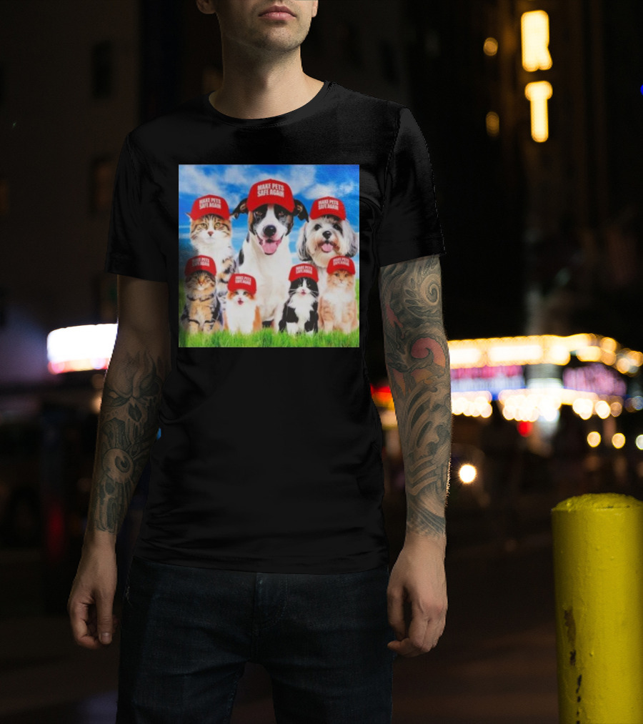 Six Cats And Dogs Wearing Red Make Pets Safe Again Hats On Green Grass T-Shirt