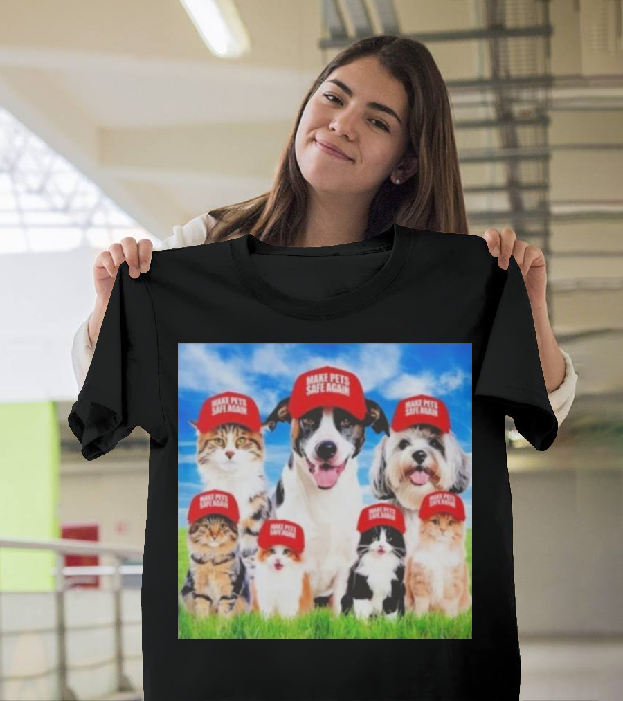 Six Cats And Dogs Wearing Red Make Pets Safe Again Hats On Green Grass T-Shirt